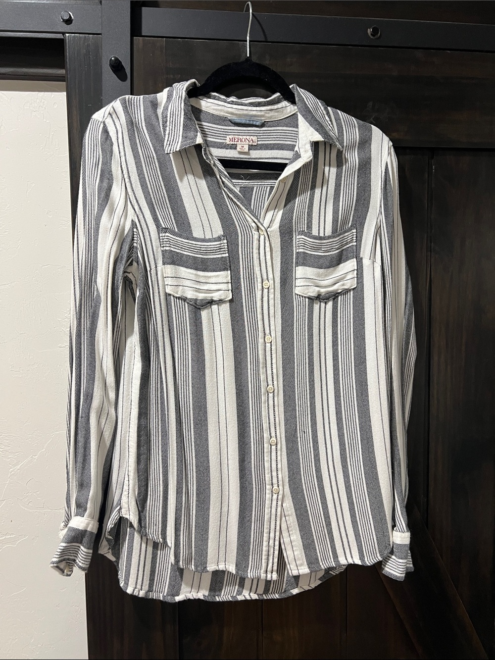 Gray and White Vertical Stripe Button-Down Shirt Very Soft